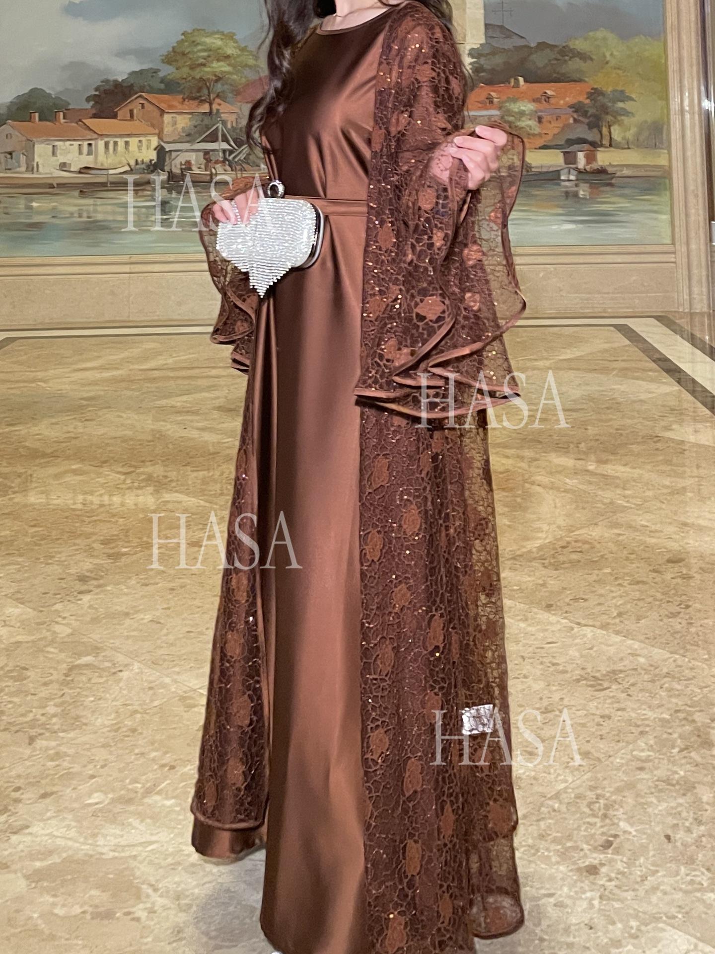 HA6488 Two-piece long dress with flared sleeves and lace sequined cape