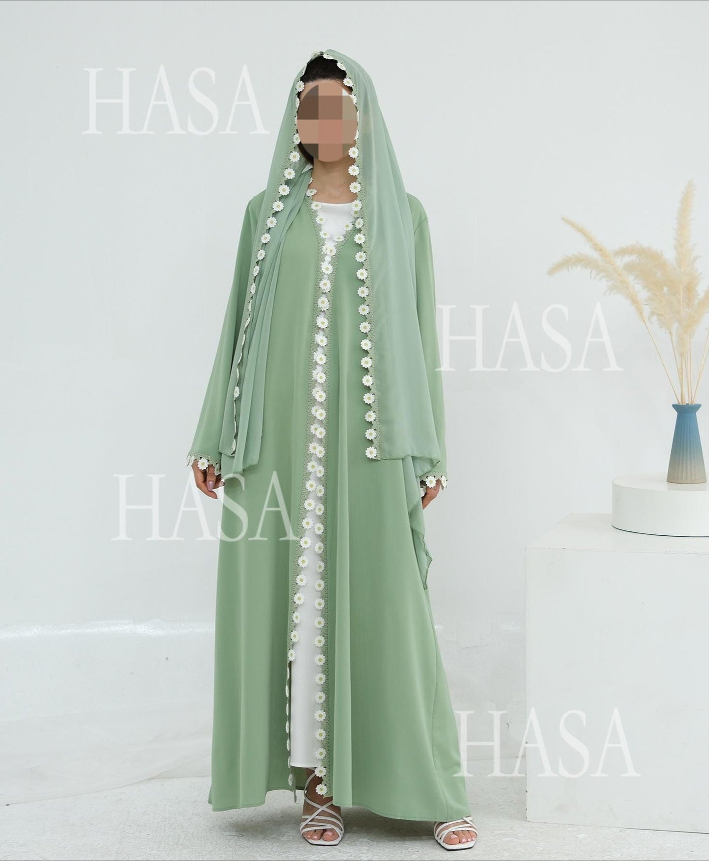 HA6616 Green Flower Stitching Cardigan Two-Piece Set (Including Headscarf)