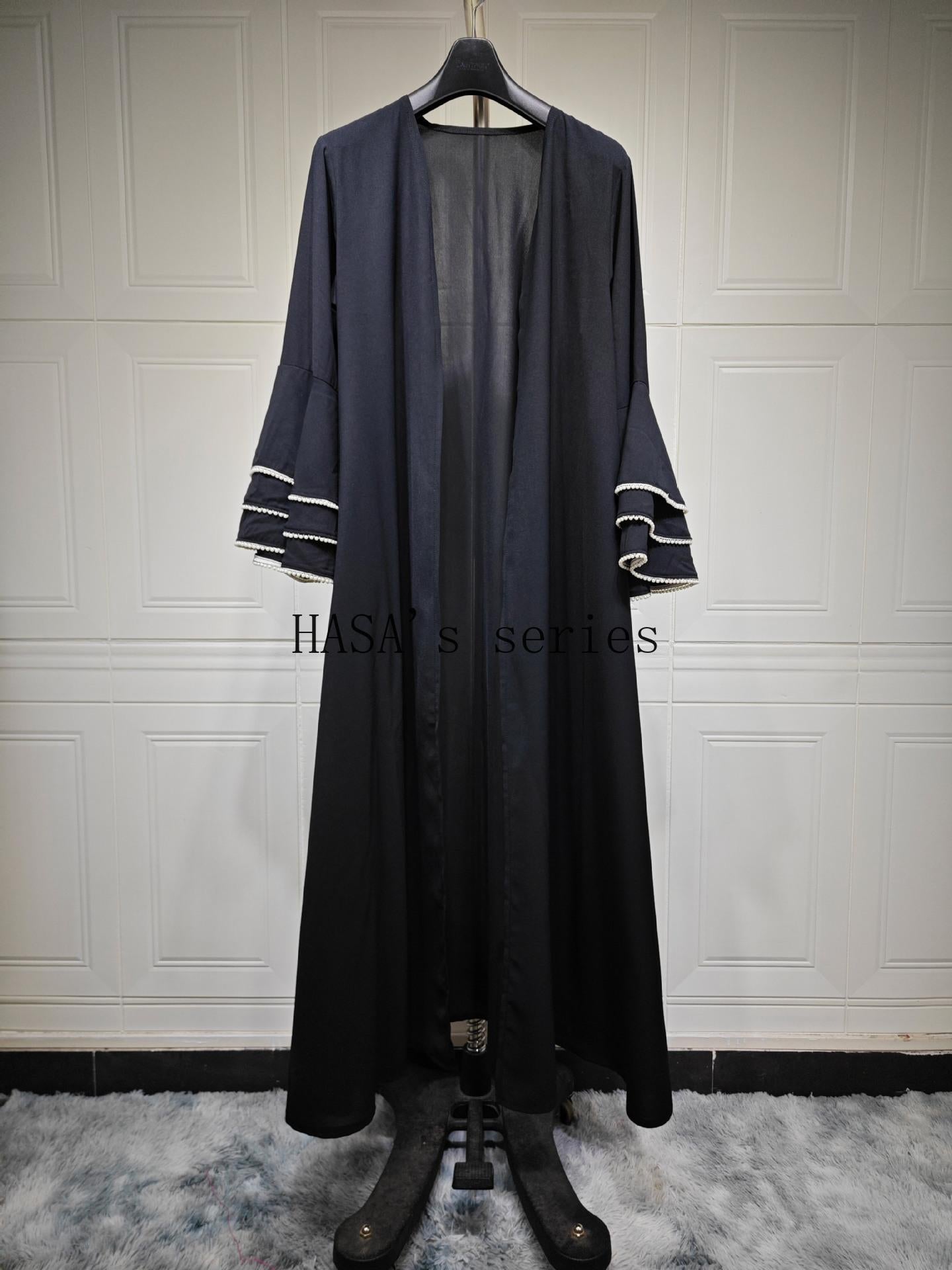HS5093 Elegant black cardigan-style long robe with wide sleeves and a round-neck dress design featuring beaded embellishments.