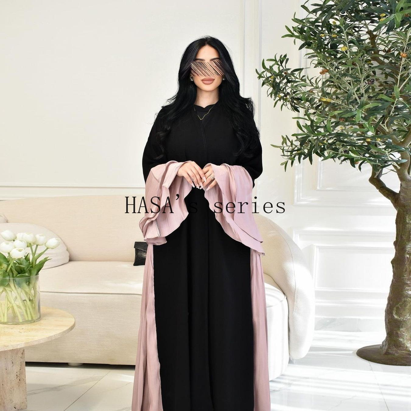 HS5106 A Soft and Elegant Long Satin Dress with Classic Design and Ruffled Sleeves.