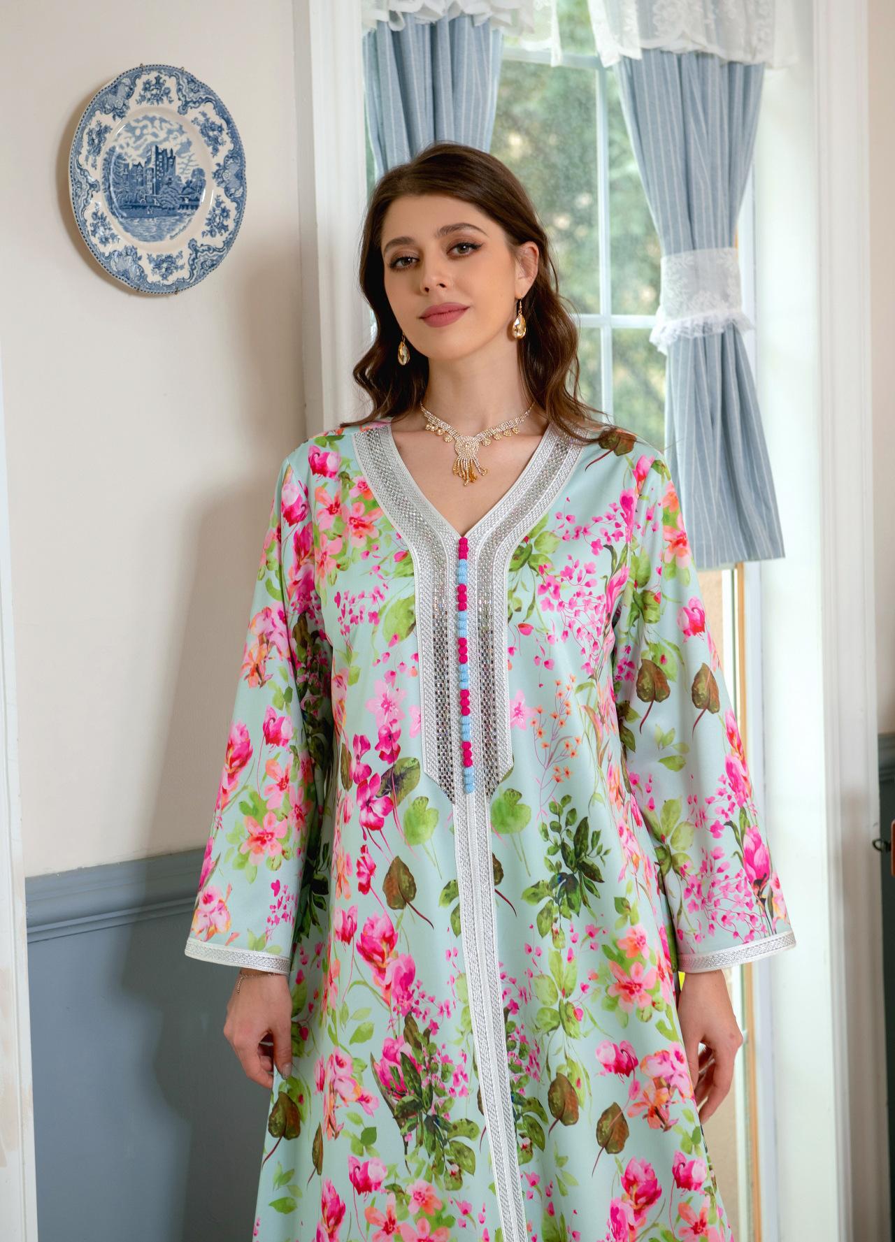 HAYA HAYA1075 Abaya Robe New Printed Rhinestone Dress