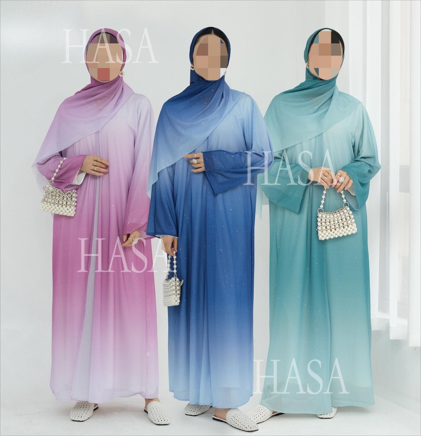 HA6617 Gradient Color Long Cardigan Two-Piece Set (Including Headscarf)