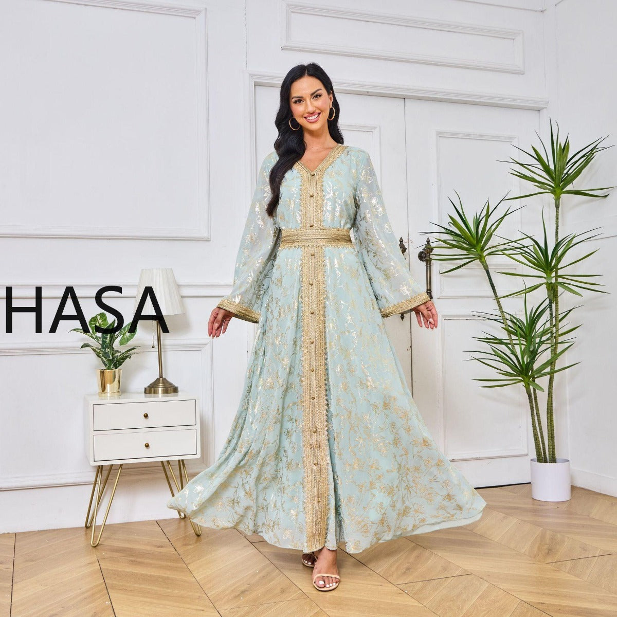 HA1249 Elegant Floral Abaya with Golden Detailing