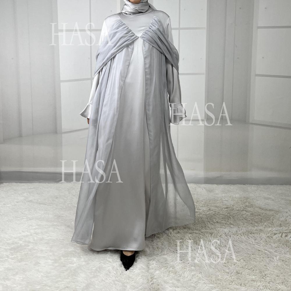 HS5858 Elegant Bright Satin Robe (without Headscarf), Clever Splicing Creates Multi-faceted Charm