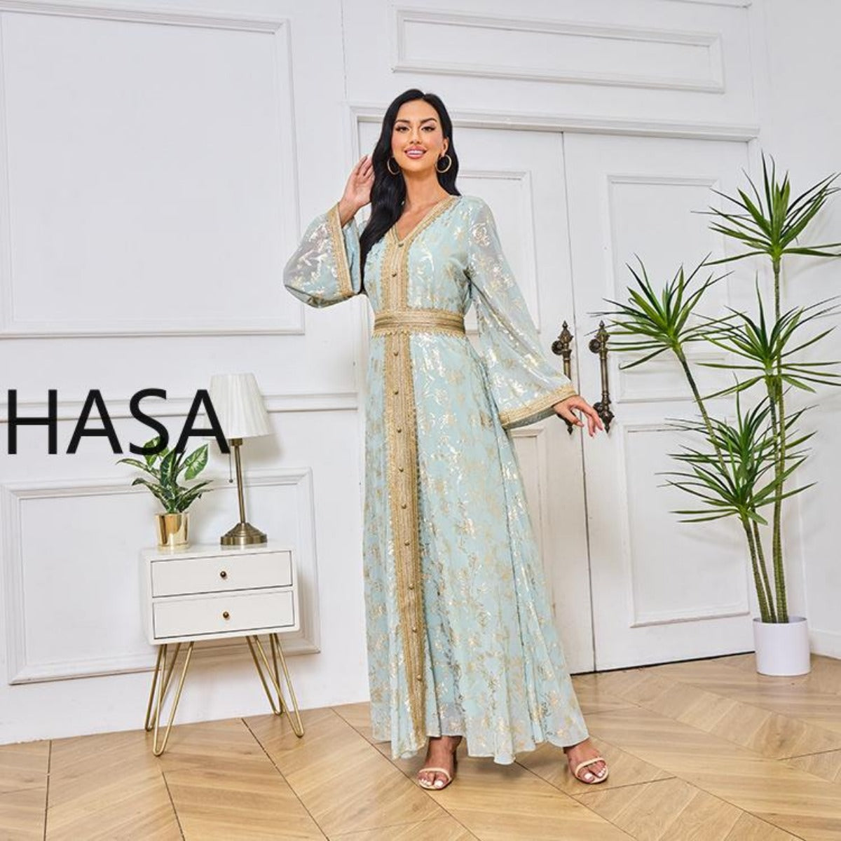 HA1249 Elegant Floral Abaya with Golden Detailing