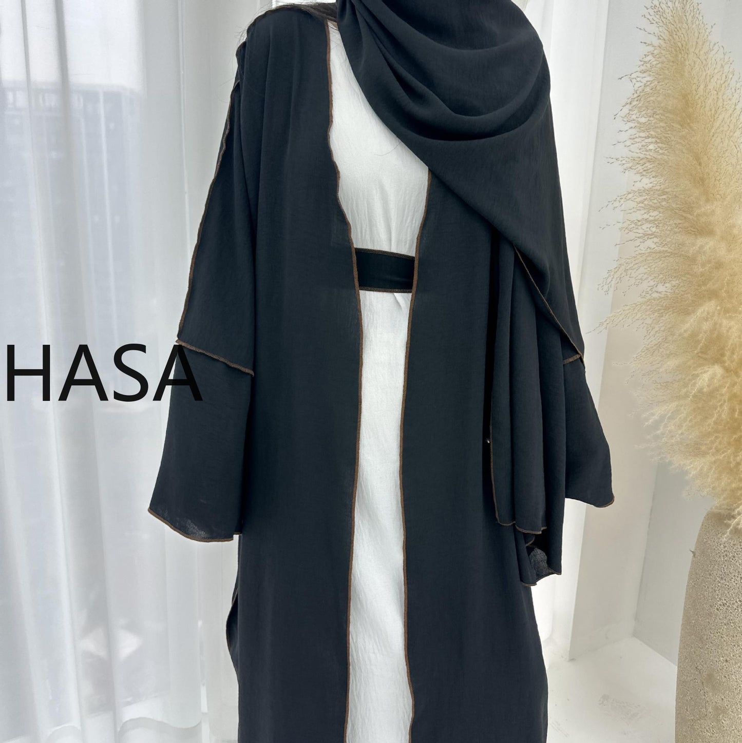 HASA HA1246H 2 PCS SET Crepe Solid Color Loose Hem Cardigan Robe with Hijab