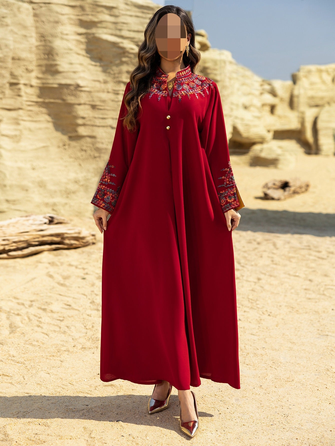 HA6655 Embroidered loose-fitting long dress | Soft drape and delicate cuff design