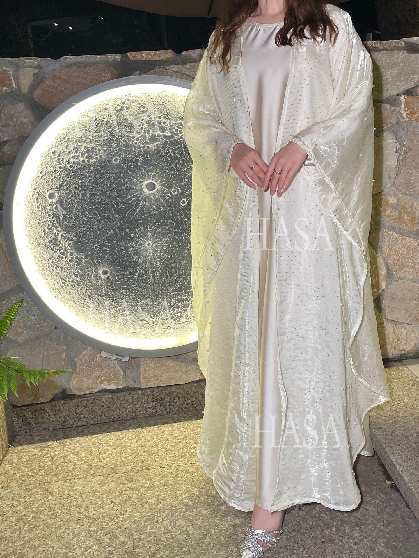 HA6540 Elegant Rhinestone Abaya Two-Piece Set with Outer Cape