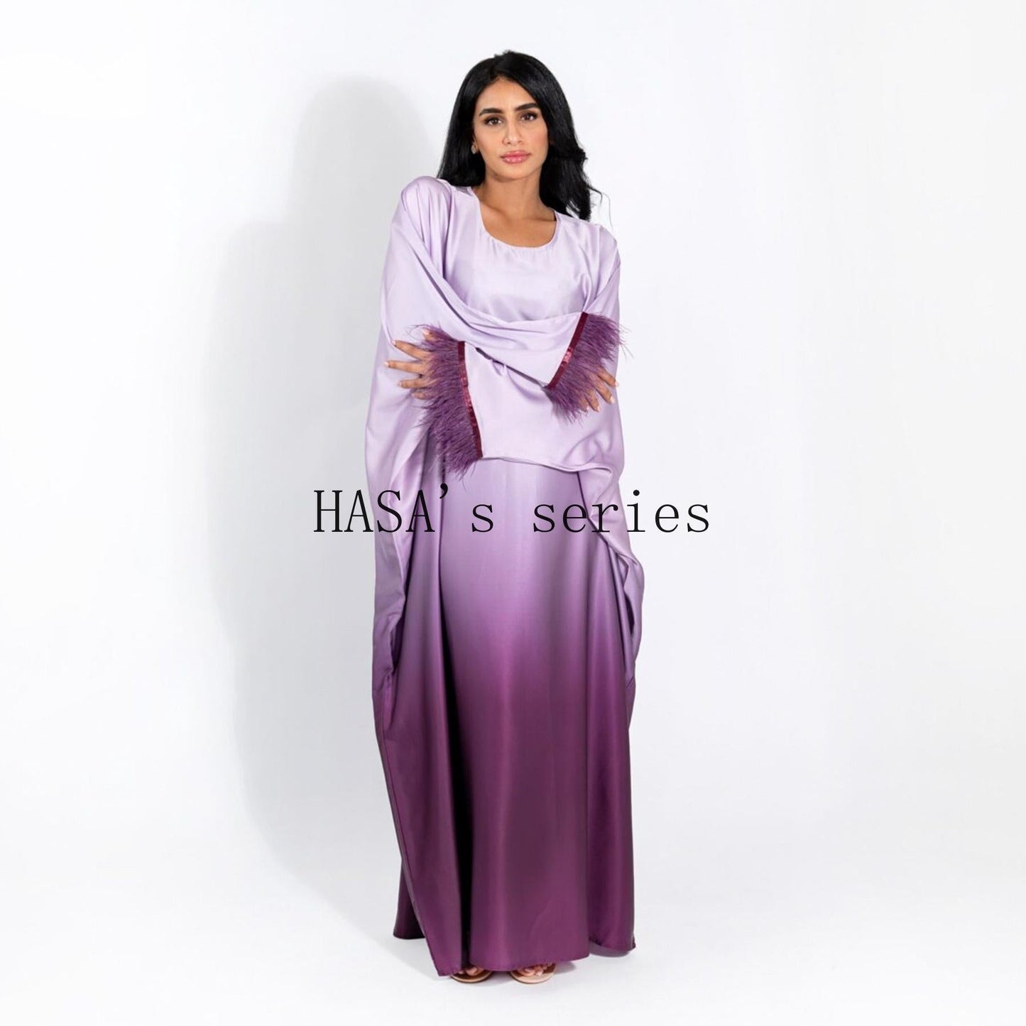 HS5111 Gradient-colored Fringed Long Dress, Romantic Dress with Batwing Sleeves.