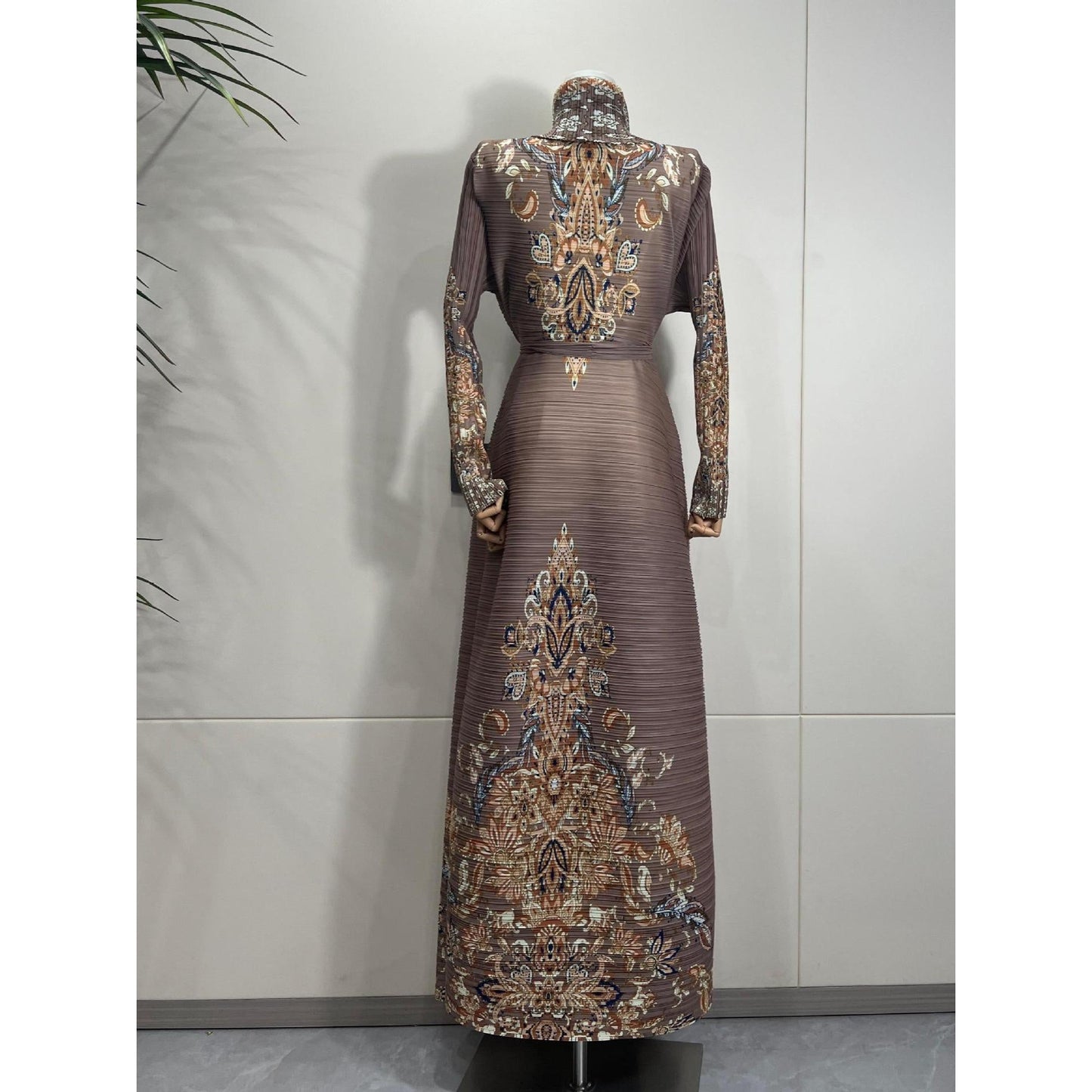 HS6715 Timeless Taupe  Elevated Abaya with Luxurious Patterned Details