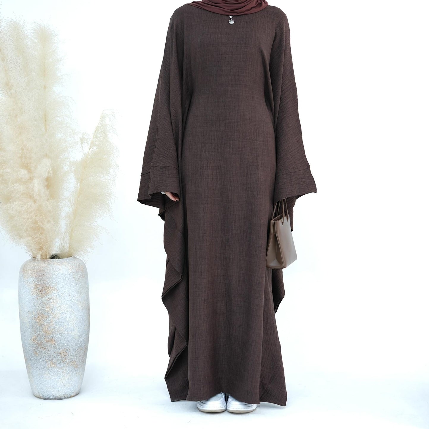 HAYA HA1177 Waist Raging Bat Sleeves Dress Crepe Kaftan with Built-in Belt