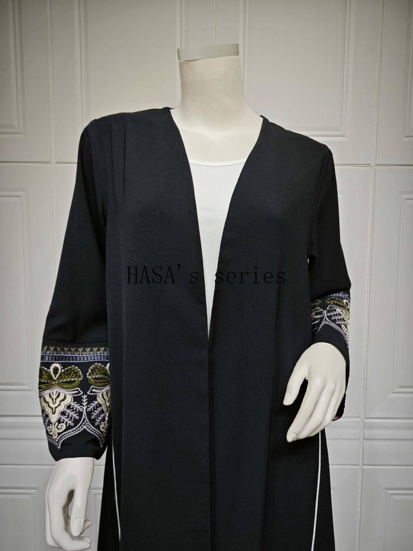 HS5090 Classic black embroidered patchwork robe, designed as a loose, open-front dress.