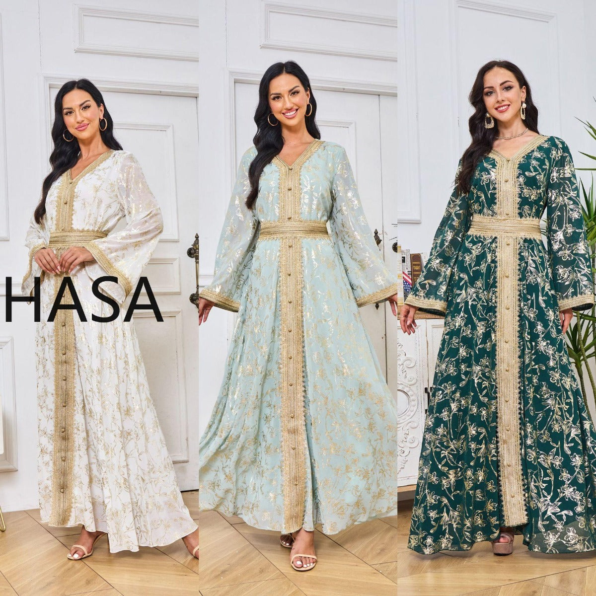 HA1249 Elegant Floral Abaya with Golden Detailing