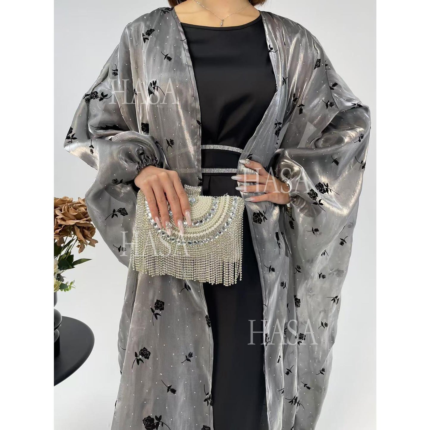 HA6536 Elegant Rose Pattern Abaya Outer Dress Set