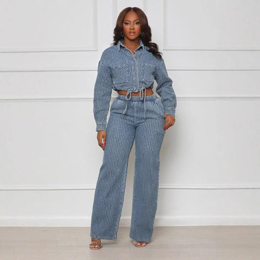 HA6303 Fashion, Long Sleeve Pants, Denim Women's Two-piece Set