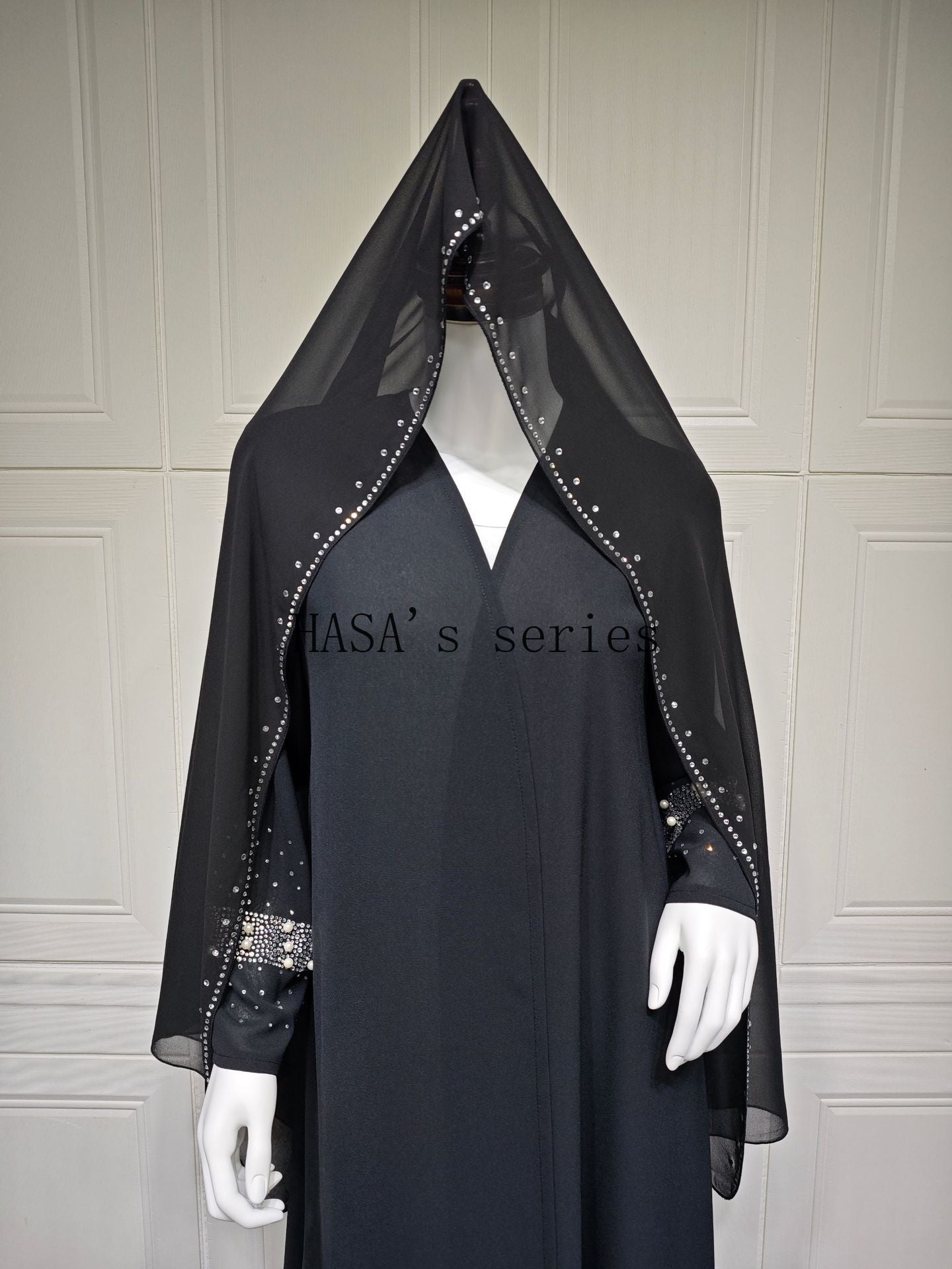 HS5097 Elegant Black Rhinestone-embellished Gown, Two-piece Beaded Set with Headscarf.