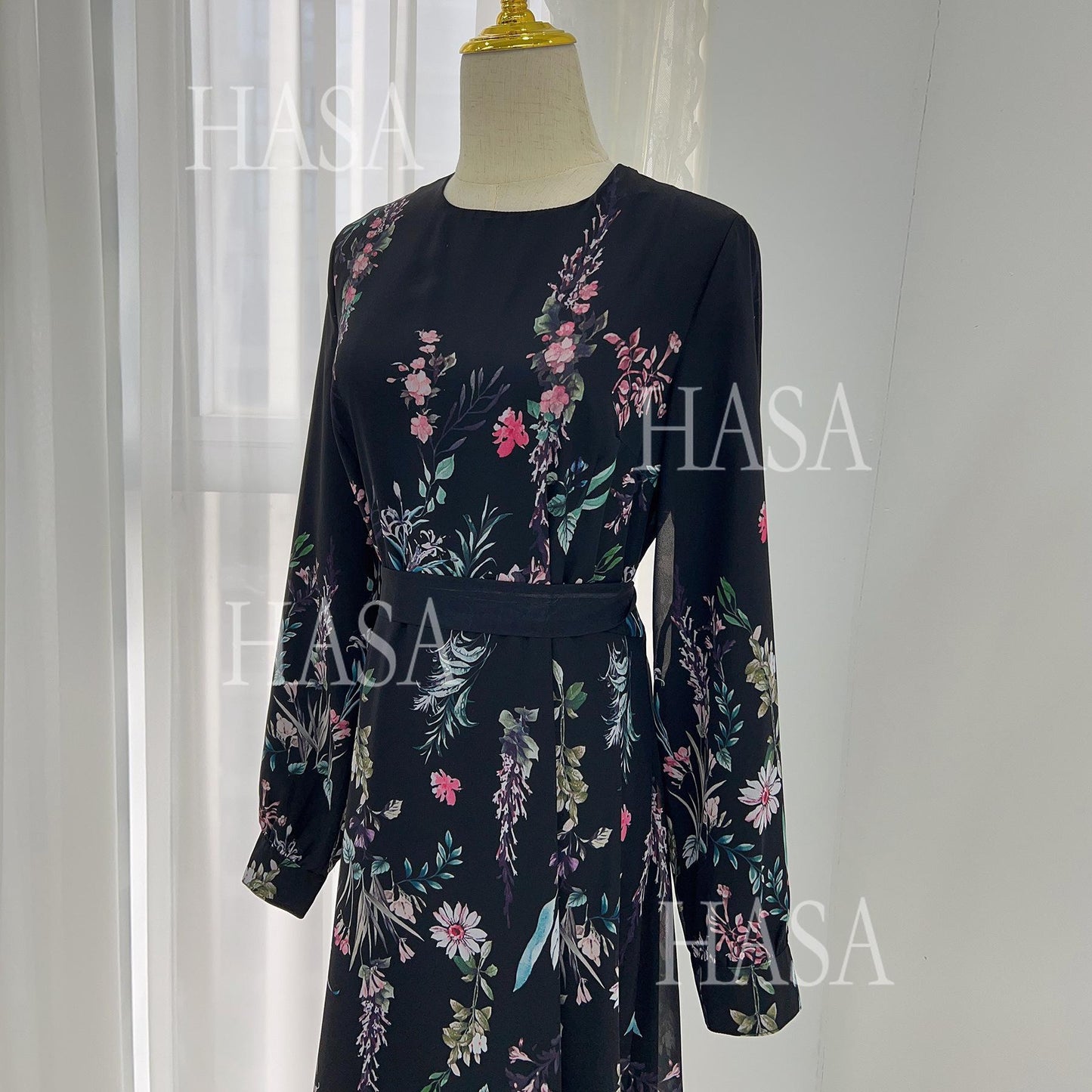 HA6531 Chiffon Printed Ankle-Length Maxi Dress with Long Sleeves