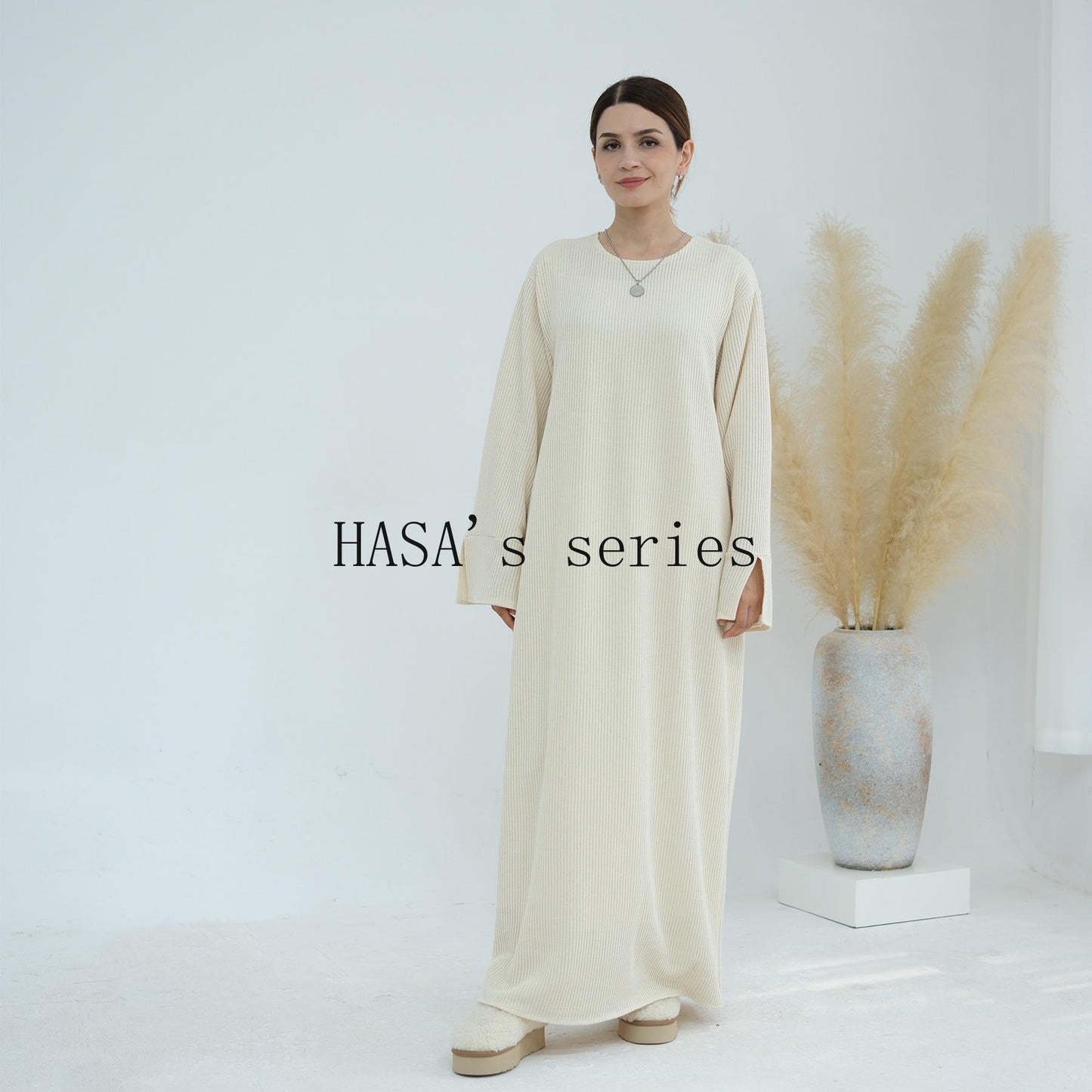 HA5440 Large Sleeve Thick Knitted Sweater Dress - Loose and Elegant Long Dress party  wear red dress thick  thigh 2  part bow  outfits