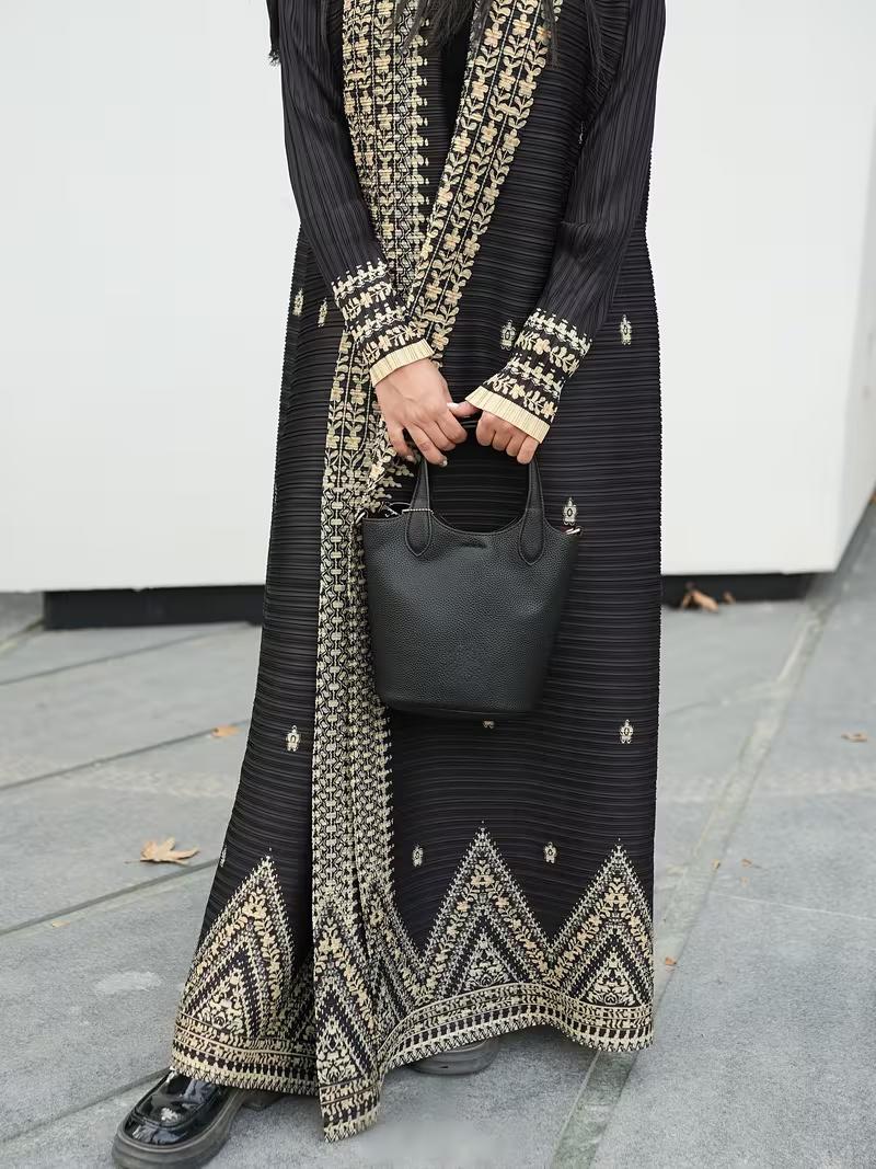 HS6709 Golden Dynasty , Black Abaya with Intricate Gold Embroidery