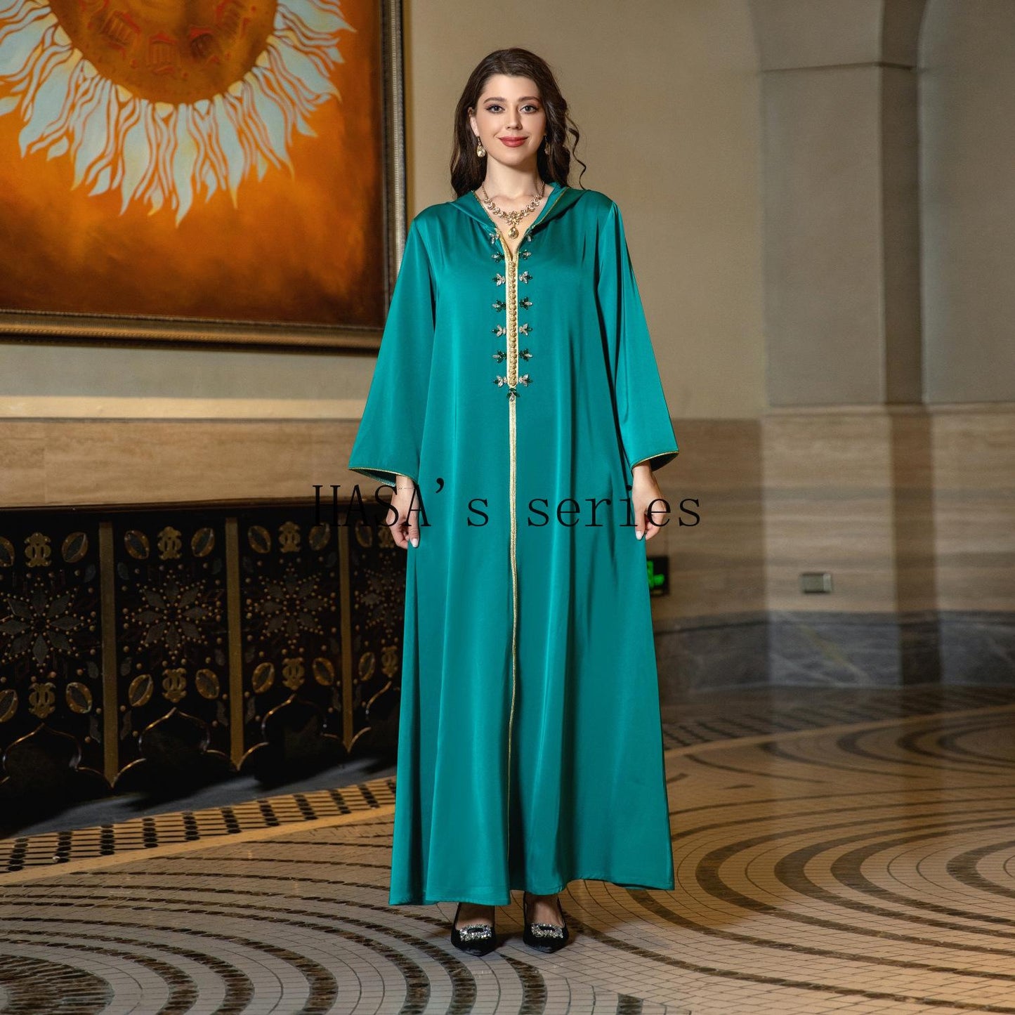 HASA's Series  HA1231 Jeweled Ribbon Satin Home Dress Abaya