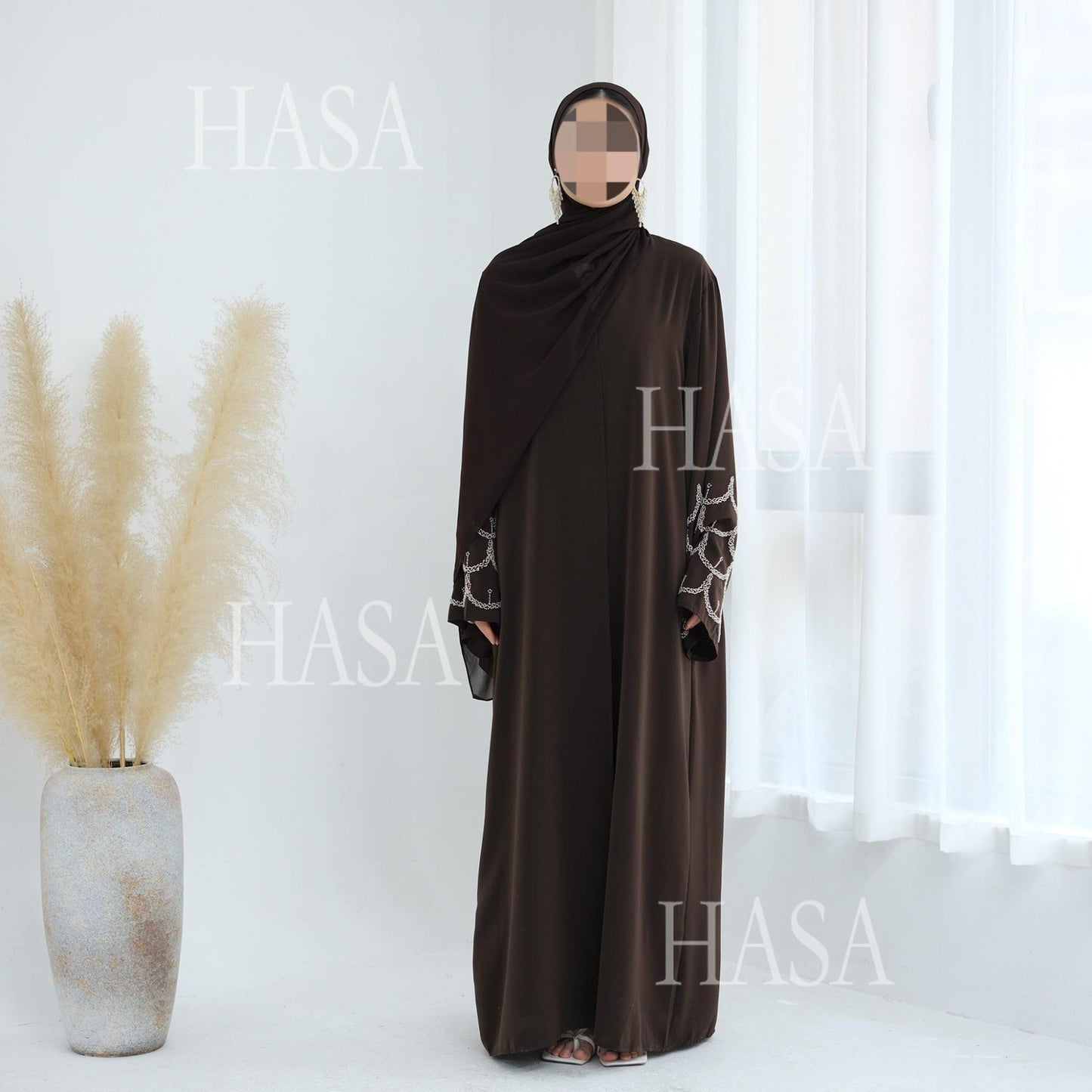 HA6608 Solid Color Hand-beaded Long Cardigan (headscarf Not Included)