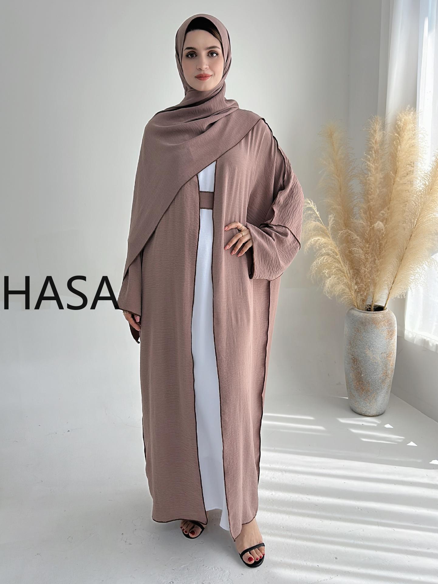 HASA HA1246H 2 PCS SET Crepe Solid Color Loose Hem Cardigan Robe with Hijab