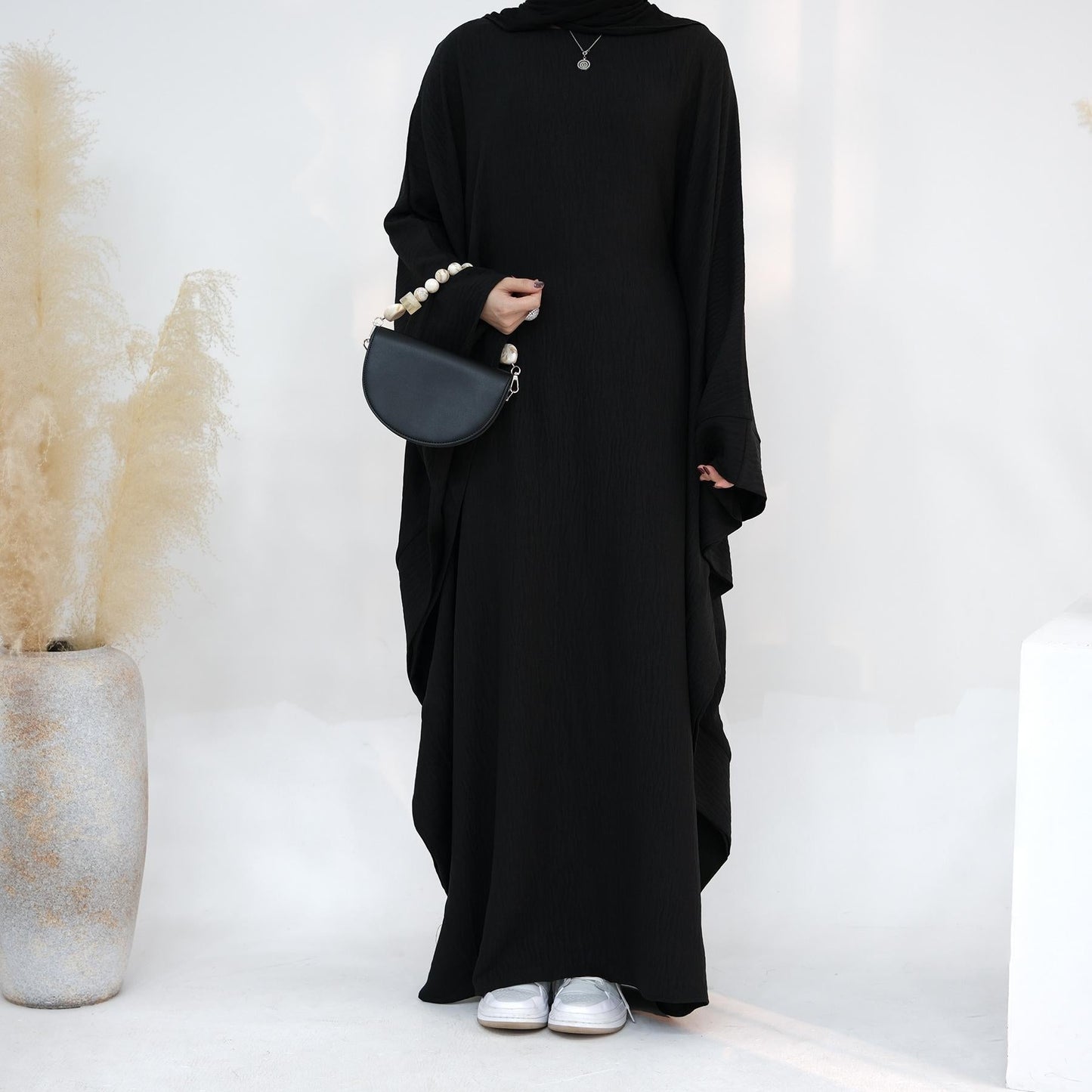 HAYA HA1177 Waist Raging Bat Sleeves Dress Crepe Kaftan with Built-in Belt