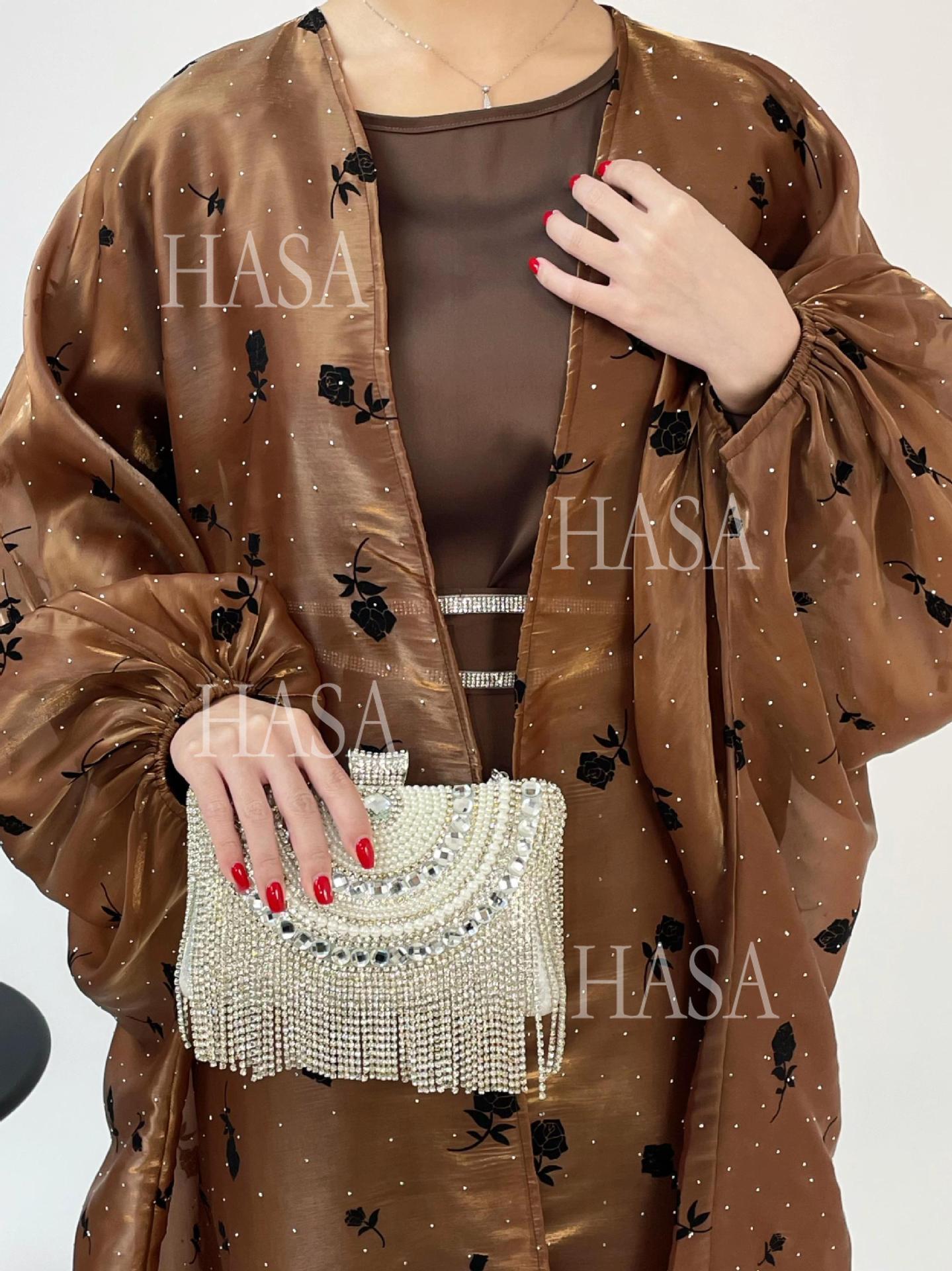 HA6536 Elegant Rose Pattern Abaya Outer Dress Set