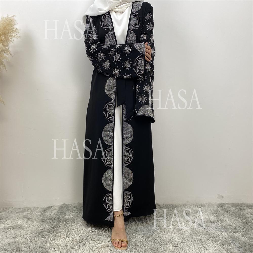 HA6588 Black Cardigan Dress with Rhinestone Embellishment and Pockets