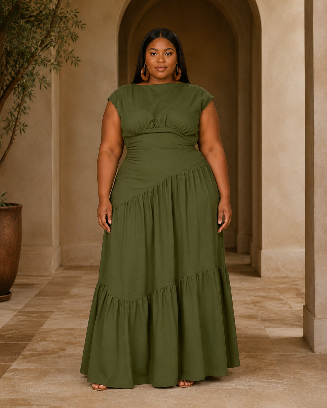 HA1641 Women's Sleeveless Pleated Loose Fit Maxi Dress