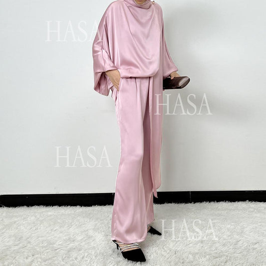 HS5857 High-end Bright Satin Two-piece Suit (headscarf Not Included), Irregular Design Shows Fashionable Style