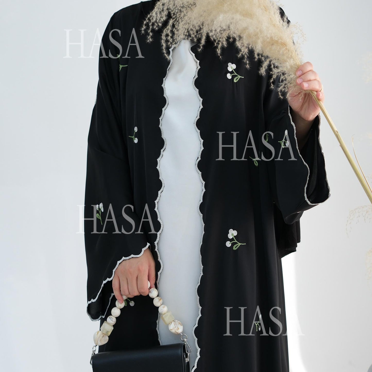 HA6472 Longline Cardigan with Delicate Floral Details and Curved Edging