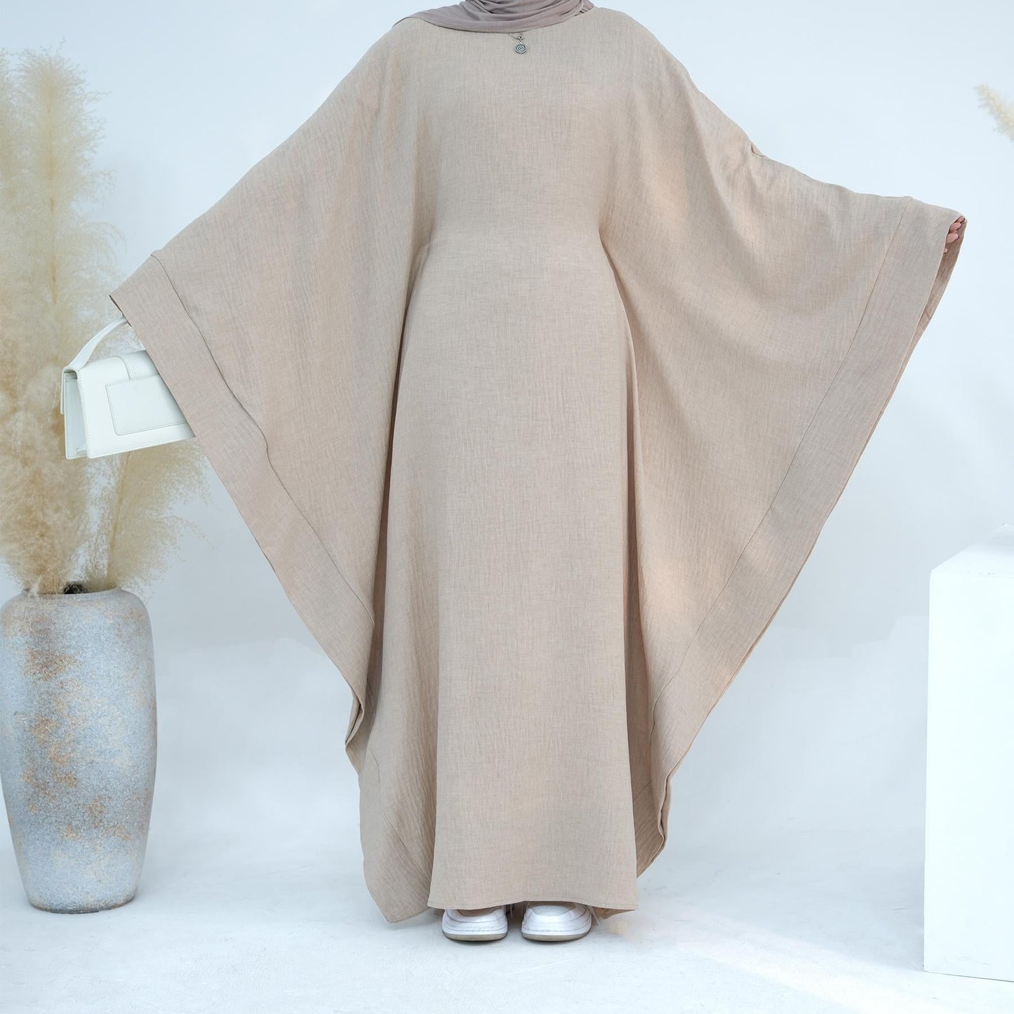 HAYA HA1177 Waist Raging Bat Sleeves Dress Crepe Kaftan with Built-in Belt