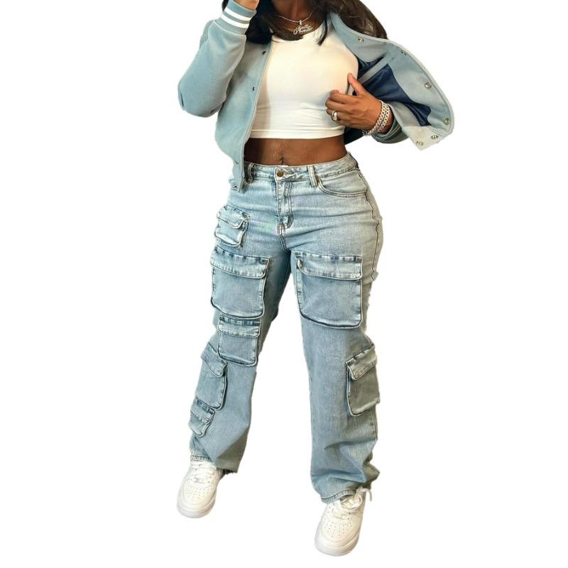 HA1917 Three-dimensional Multi-bag Tooling Style Denim Trousers