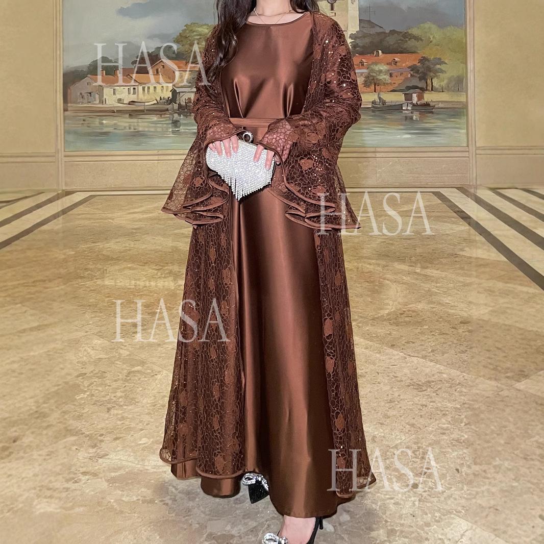 HA6488 Two-piece long dress with flared sleeves and lace sequined cape
