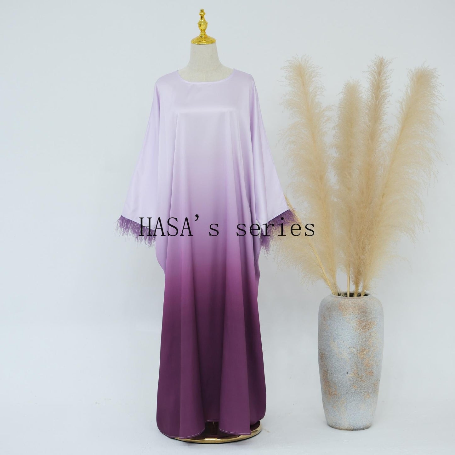 HS5111 Gradient-colored Fringed Long Dress, Romantic Dress with Batwing Sleeves.