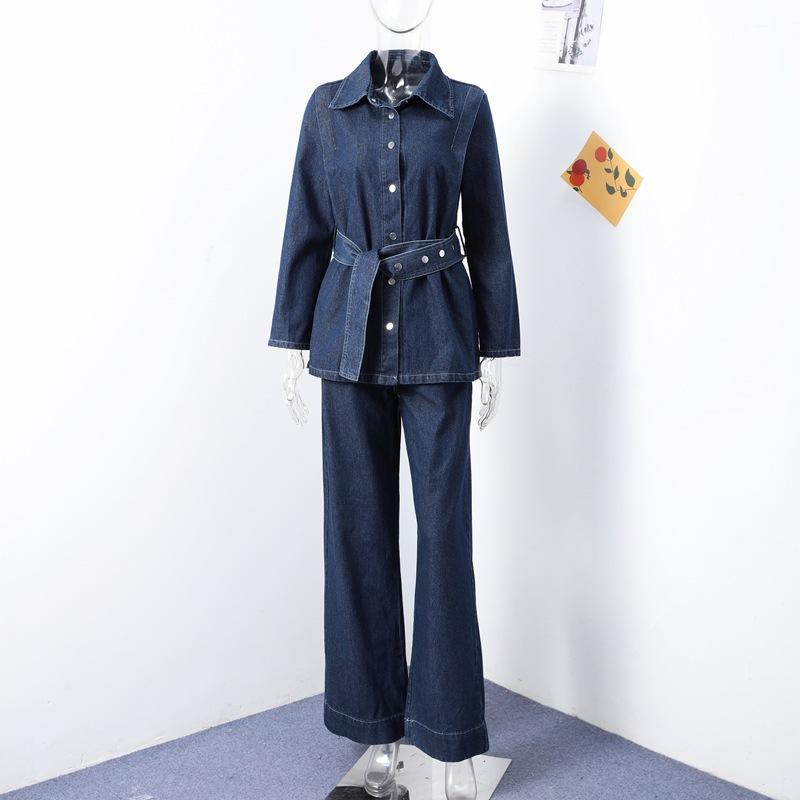 HA5890 Completo in Denim Lavato Primaverile Per Donne Con Cintura, Giacca Monopetto A Maniche Lunghe E Pantaloni A Vita Alta