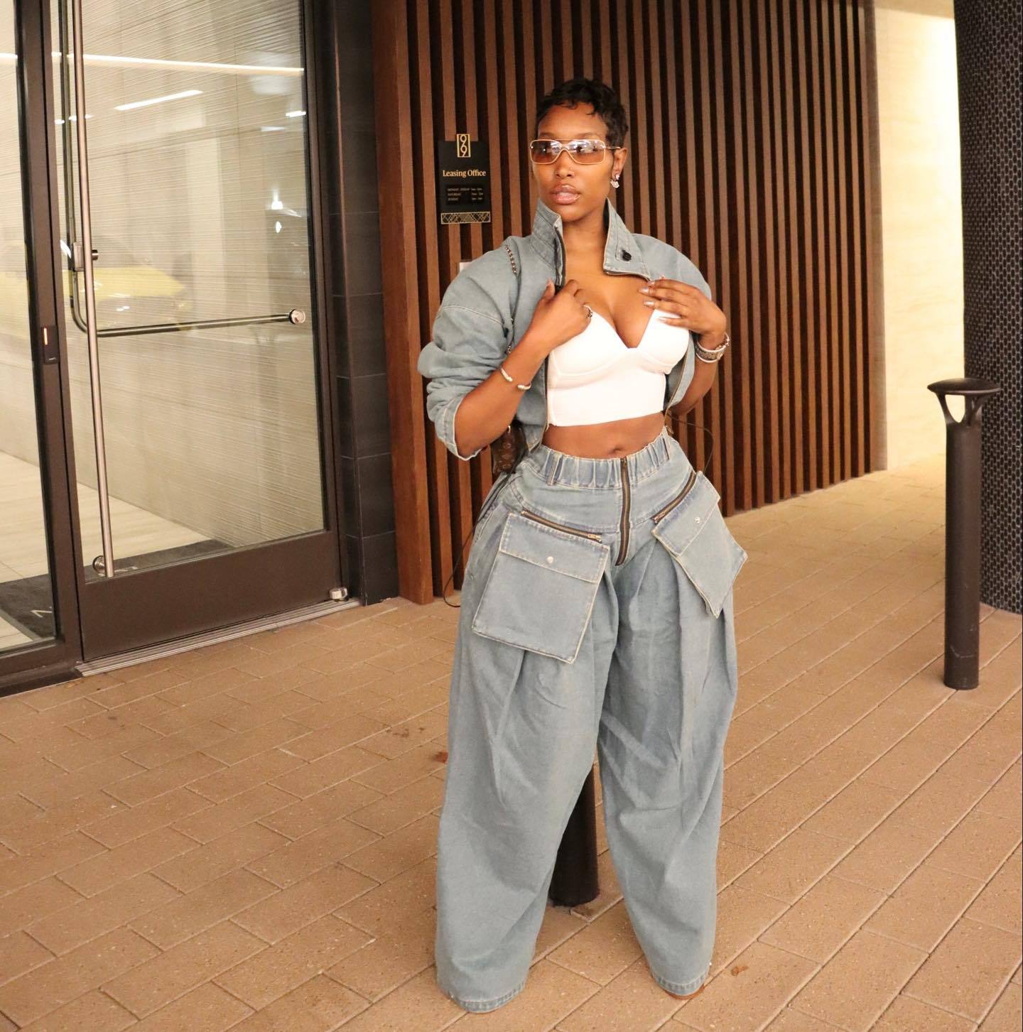 HS6306 Washed Denim Two Piece Set with Wide Leg Cargo Pants