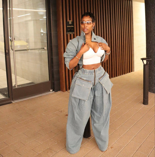 HS6306 Washed Denim Two Piece Set with Wide Leg Cargo Pants